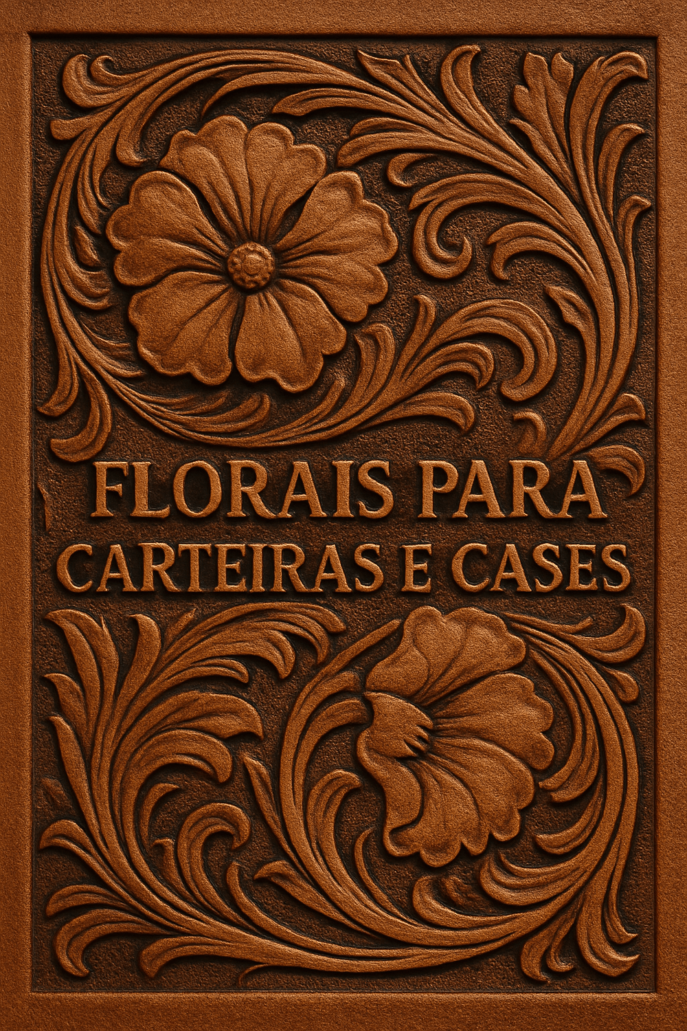 Capa gravada em couro com desenho floral, título Florais para Carteiras e Cases